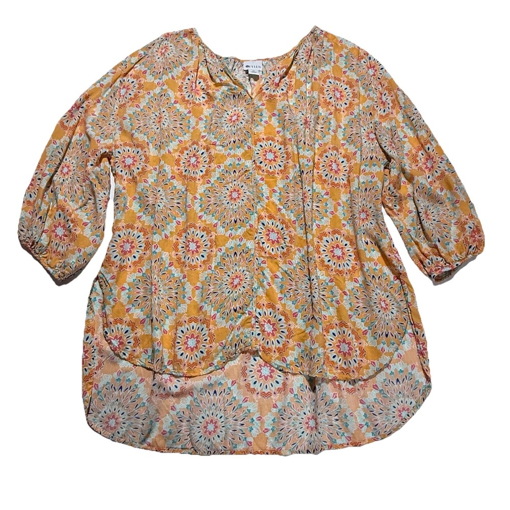 Stylus Womens XL V-Neck Medallion Tunic Blouse Orange Kaleidoscope 3/4 Sleeve
